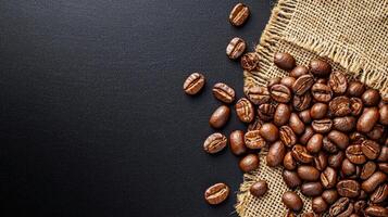 Coffee beans scattered on a dark surface with burlap fabric, studio shot. photo