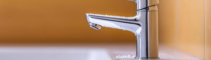 Modern kitchen faucet with sleek design against an orange background. photo