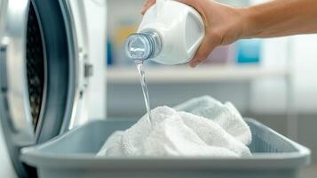 Person pouring laundry detergent into a wash basin with clean towels. photo