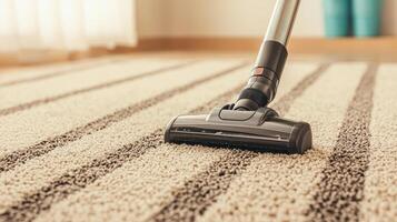 Vacuum cleaner cleaning carpet with stylish design in a cozy home environment. photo