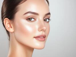 Close-up of a beautiful woman with glowing skin and a serene expression. photo