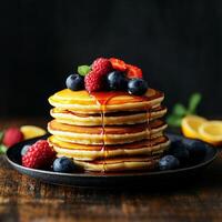 Delicious stack of pancakes topped with fresh berries and syrup on dark background. photo