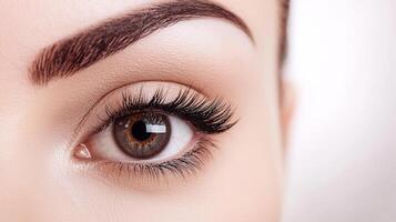 Close-up of a beautiful eye with long lashes and defined brow, soft background. photo