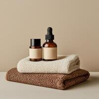 Organic skincare bottles on stacked towels, neutral background. photo