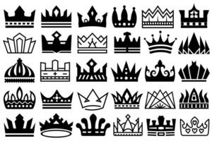 Set of black and white, flat and outline crowns. Crown icons for kings and quins illustrations collection, isolated on white background. vector