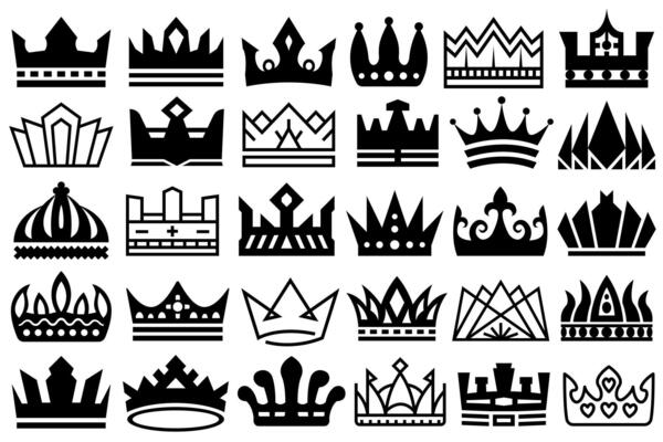 Set of black and white, flat and outline crowns. Crown icons for kings and quins illustrations collection, isolated on white background.