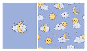 Nursery prints collection with seamless pattern and poster of cartoon kawaii moon and clouds for textile prints, wallpaper, stationery, wrapping paper, cards, etc. EPS 10 vector