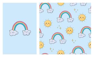 cute nursery prints collection of seamless pattern and poster with cartoon kawaii rainbows and suns for wallpaper, textile prints, wrapping paper, digital paper, etc. EPS 10 vector