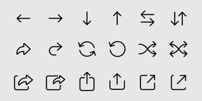 Arrows icon set for website ui ux design. Arrow buttons thin symbols. Interface signs. Download, direction and share pictograms for app. vector