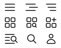 Hamburger menu icon set. Web or mobile app navigation interface simple line signs. Search, user and option buttons. vector