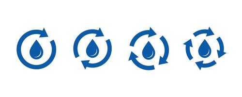 Recycle water icon set. Water drop with circular arrows. Renew of liquid. vector