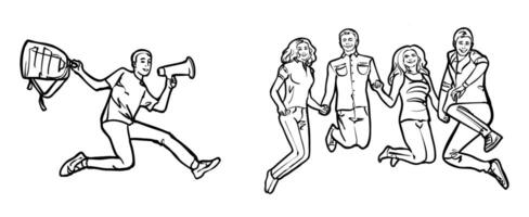 Bright collection illustrations showing the fun and exciting life of university students. for projects related to youth culture, education and lifestyle vector