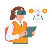 Student study wearing VR headset asking artificial intelligence robot concept illustration vector