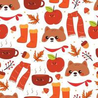 seamless pattern cartoon puppy with autumn vibes. cute autumn fall wallpaper for fabric print, gift wrap paper vector