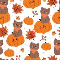 seamless pattern cartoon cat with autumn vibes. cute autumn fall wallpaper for fabric print, gift wrap paper vector