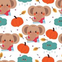 seamless pattern cartoon elephant with autumn vibes. cute autumn fall wallpaper for fabric print, gift wrap paper vector