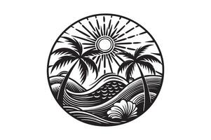 A black and white drawing of palm trees and waves vector