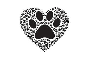 A black and white illustration of a heart shaped paw print vector