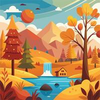 Autumn landscape with a waterfall, trees and a house vector