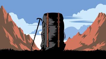 a large backpack with a stick and a hiking pole vector