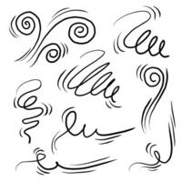 Doodle wind line sketch set. Hand drawn doodle wind movement, air blowing, vortex elements. Sketch of air blowing movement, abstract lines. vector