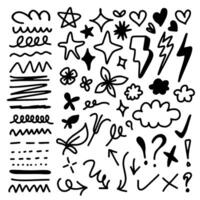 Hand drawn marker simple elements set. Doodle pen signs and effects. Simple thunderbolt, star, glitter, icons, heart, floral objects. Decorative pencil curved symbols and shape. vector