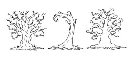 Tree line art set. Black outline drawing of curved, twisted plant for Halloween. Hand drawn graphic clipart. Nature element for spooky decor and party invitation design. Simple Doodle style vector