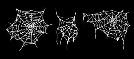 Set of spider webs. White outline in doodle style. Curved silhouette of threads for Halloween. Hand drawn isolated graphic clipart. Line illustration of different web shapes for creepy decor, design vector