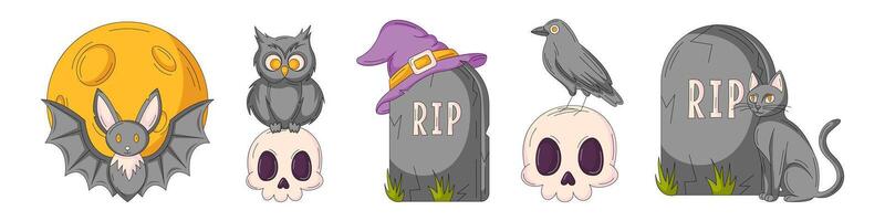 Set of halloween illustrations, composition from owl, raven on the skull, bat against the background of the moon, tombstone with witch hat, black cat. For sticker, print, scrapbooking vector