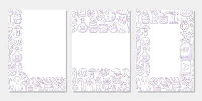 Set of halloween vertical a4 poster, space for text. Purple upper, bottom, corner border frame with spooky and scary elements. For card, banner, invitation, social media, party or planner. vector