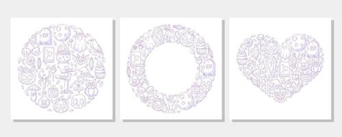 Halloween square posters set from round, heart shape, circle frame with space for text. Purple spooky and scary elements. Flat illustration for greeting card, invitation, postcard, print vector