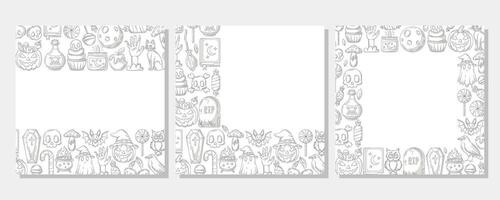 Set of halloween square posters, space for text. Monochrome upper, bottom, corner border frame with spooky and scary elements. For postcard, banner, invitation, social media, party or planner. vector