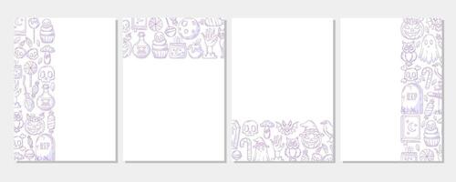 Set of halloween vertical a4 poster, space for text. Purple upper, bottom, sides border frame with spooky and scary elements. For card, banner, invitation, social media, party or planner. vector