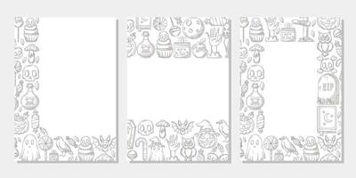 Set of halloween vertical a4 poster, space for text. Monochrome upper, bottom, corner border frame with spooky and scary elements. For card, banner, invitation, social media, party or planner. vector