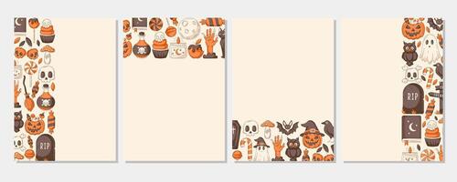 Set of halloween vertical a4 poster. Colorful upper, bottom, sides border frame with spooky and scary elements. For card, banner, invitation, social media, party or planner. Isolated background vector