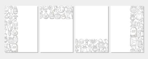 Set of halloween vertical a4 poster, space for text. Monochrome upper, bottom, sides border frame with spooky and scary elements. For card, banner, invitation, social media, party or planner. vector