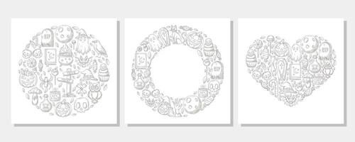 Halloween square posters set from round, heart shape, circle frame with space for text. Monochrome spooky and scary elements. Flat illustration for greeting card, invitation, postcard, print vector