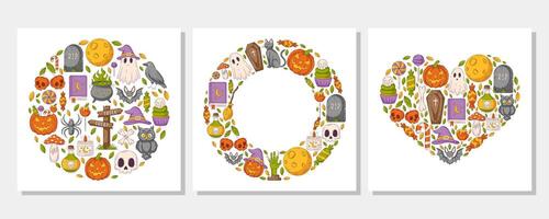 Halloween square posters set from round, heart shape, circle frame with space for text. Colorful spooky and scary elements. Flat illustration for greeting card, invitation, postcard, print vector