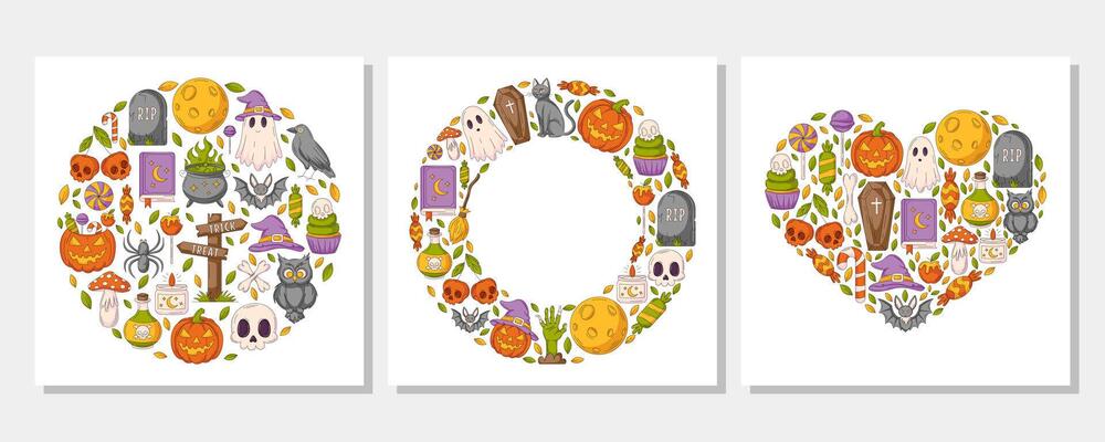 Halloween square posters set from round, heart shape, circle frame with space for text. Colorful spooky and scary elements. Flat illustration for greeting card, invitation, postcard, print