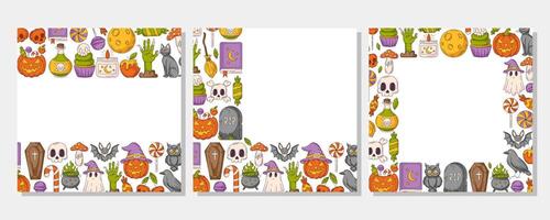 Set of halloween square posters, space for text. Colorful upper, bottom, corner border frame with spooky and scary elements. For postcard, banner, invitation, social media, party or planner. vector