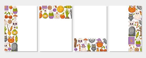 Set of halloween vertical a4 poster, space for text. Colorful upper, bottom, sides border frame with spooky and scary elements. For card, banner, invitation, social media, party or planner. vector
