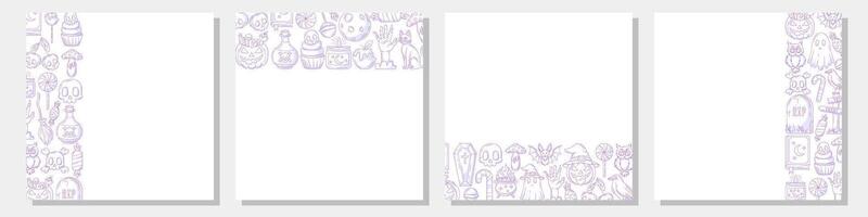 Set of halloween square posters, space for text. Purple upper, bottom, sides border frame with spooky and scary elements. For postcard, banner, invitation, social media, party or planner. vector