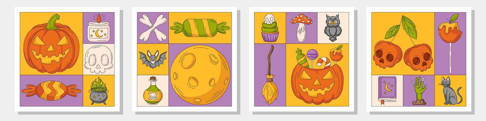Halloween modern geometric square posters set with spooky elements. Spell book, cat, zombie hand, pumpkin, skull and bones, crossbones, bat, owl, sweets. Illustration for postcard, holiday