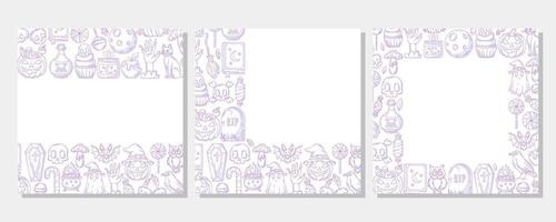 Set of halloween square posters, space for text. Purple upper, bottom, corner border frame with spooky and scary elements. For postcard, banner, invitation, social media, party or planner. vector
