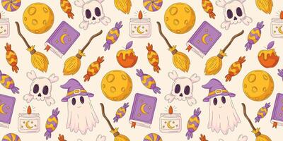 Halloween seamless pattern with spooky and scary elements. Ghost, spell book, witch magic hat and broomstick, skull and bones, sweets, moon, candle. For cover, wrapping paper, textile print. vector