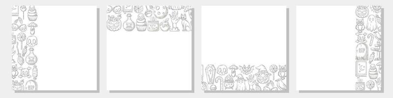 Set of halloween square posters, space for text. Monochrome upper, bottom, sides border frame with spooky and scary elements. For postcard, banner, invitation, social media, party or planner. vector