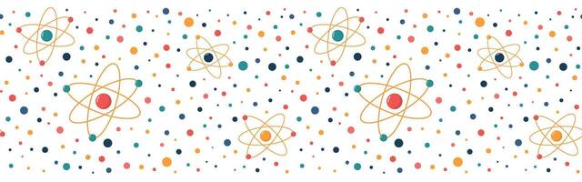 Seamless border pattern with abstract atoms and orbital electrons. Scientific research, physics concept. Seamless background. Isolated on white background vector