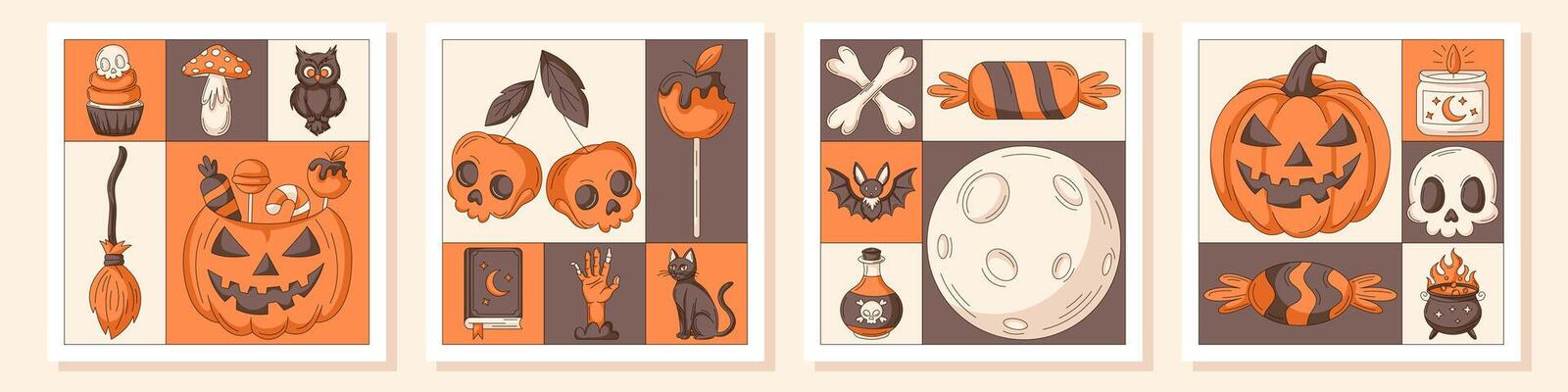Halloween modern geometric square posters set with spooky elements. Spell book, cat, zombie hand, pumpkin, skull and bones, crossbones, bat, owl, sweets. Flat illustration for postcard, holiday