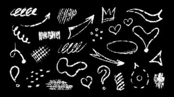Chalk brush lines, arrows set Crayon grunge elements, circle, heart, abstract, square, frame, cross. Hand drawn pencil scribbles on black background. set vector