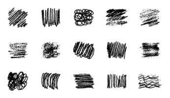 Black charcoal strokes, lines, squiggle, swirls and shapes set. Hand drawn abstract shapes and lines drawn with pencil or charcoal. Circles, scribbles and smears. vector
